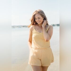 Honey Mark Rue Swim Romper Marigold Gingham Modest Sporty Pockets Comfy Sz M